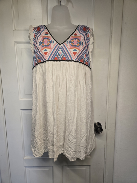 Chelsea Dresses & Skirts - Boho Embroidered V-Neck Cream Dress with Pink and Blue Accents